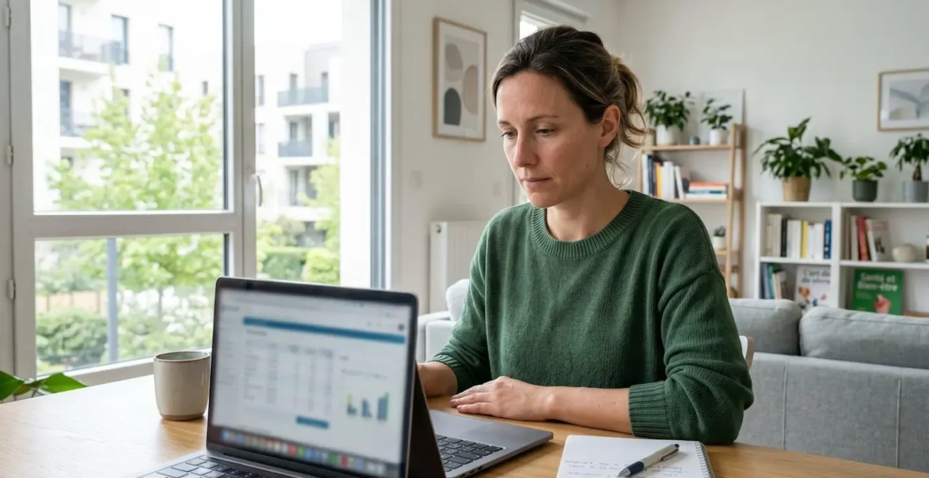 Une femme consulte un comparateur de mutuelles santé sur son ordinateur portable dans un salon lumineux avec des documents à proximité
