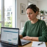 Une femme consulte un comparateur de mutuelles santé sur son ordinateur portable dans un salon lumineux avec des documents à proximité