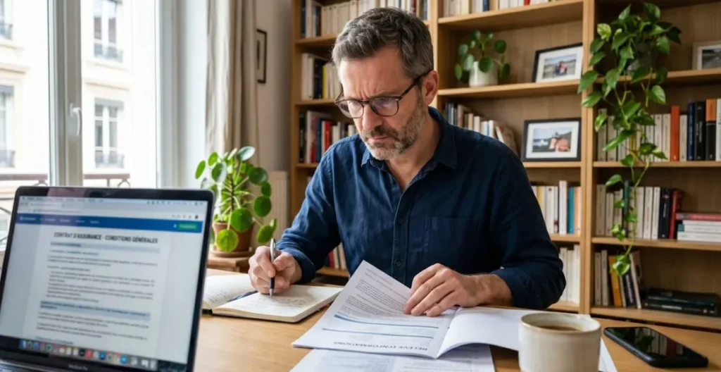 Un homme dans la quarantaine lit attentivement les conditions générales d'un contrat de mutuelle santé sur son ordinateur avec des documents papier à côté Un homme dans la quarantaine lit attentivement les conditions générales d'un contrat de mutuelle santé sur son ordinateur avec des documents papier à côté